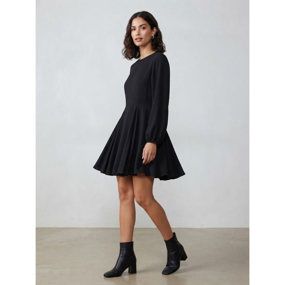 Black Long Sleeve Mini Dress Pleated Skirt Fit & Flare Size S
